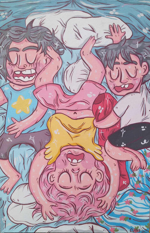 "Good Night, Sleep Tight, Don't Let The Bed Bugs Bite!" is my most RECENT work and it is displayed alongside my 2 other paintings for my mini-thesis as an undergraduate. Serving as the 2nd painting, the size is 2x3 feet, Acrylic on Canvas. 2024.