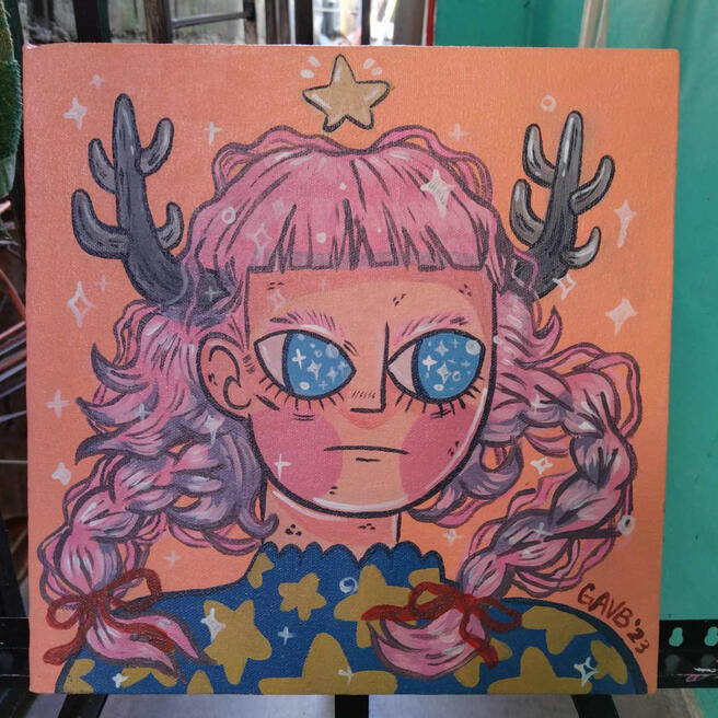 "Hello Jellyfishies!" is a 2023 Acrylic on 12x12 inches canvas. It was a personal art trade with a fellow artist and friend, iammatadoor.