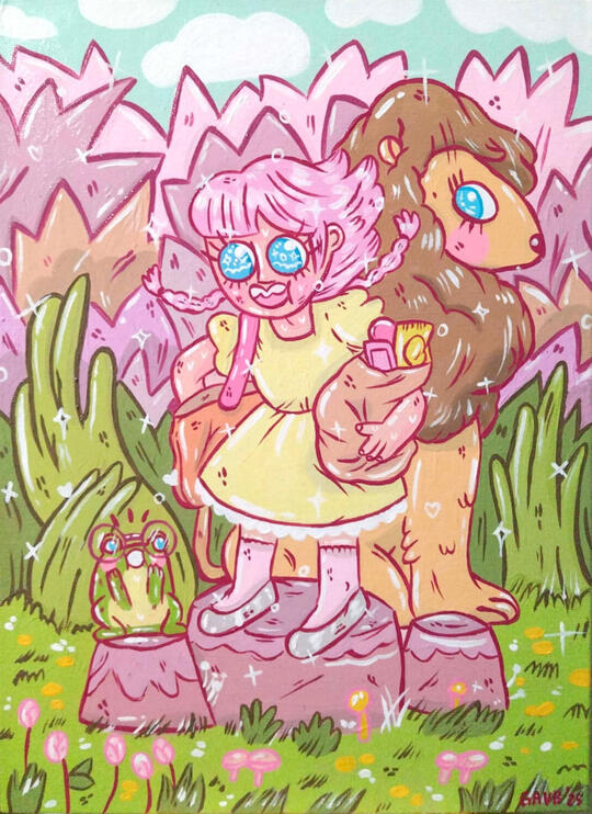 "I made friend on my way home!" 9x12 inches, Acrylic on Panel Canvas. "Happiness in Little Things" in The Visual Diary VR Gallery, 2025.