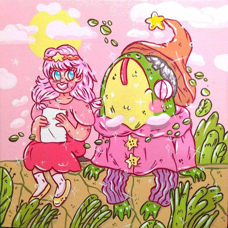 "Discussions With A Frog Wizard" 12x12 inches, Acrylic on Canvas. Art in the Park 2025.