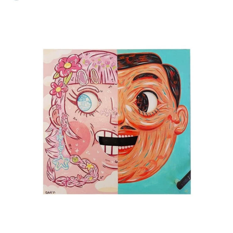 "guineagenie x rymndgev" 2x2 feet, Acrylic on Canvas. "Faces of Duality" in Midcentury Manila, 2025.